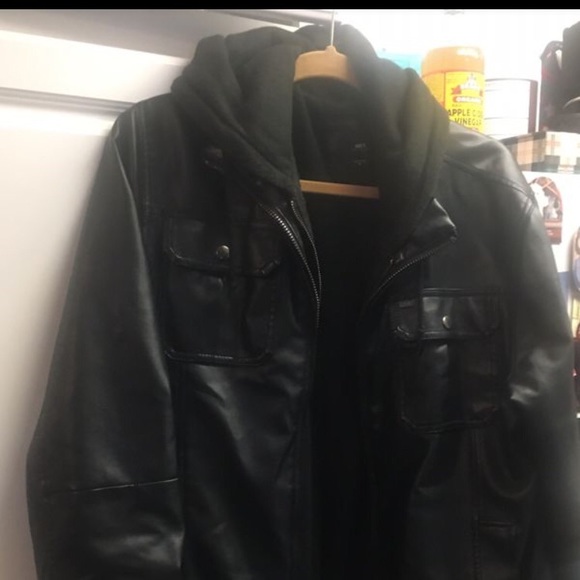 Black Hooded Faux Leather Jacket Men 